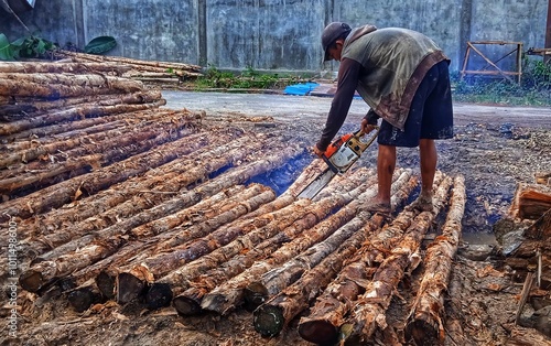 Close-up of woodcutter sawing chain saw in motion, sawdust fly to sides.