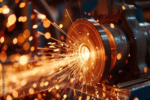 Worker cutting steel with grinder. Sparks while grinding iron