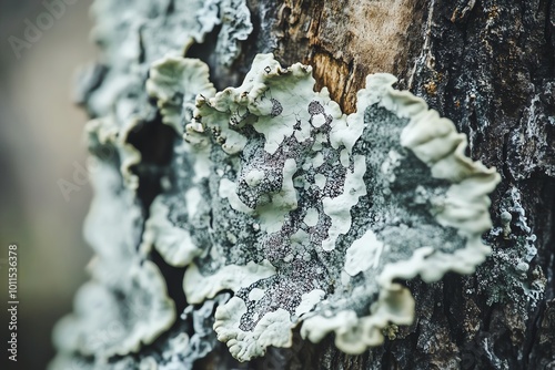 Close-up of lichen on tree bark.