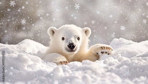 A cute polar bear cub playing in the snow, surrounded by a snowy winter landscape, with snowflakes drifting in the cold breeze.