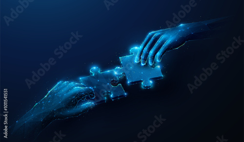 Abstract illustration of two hands holding puzzle pieces approaching in low poly style. Blue geometric background depicting synergy partnership and business teamwork concept by wireframe mesh