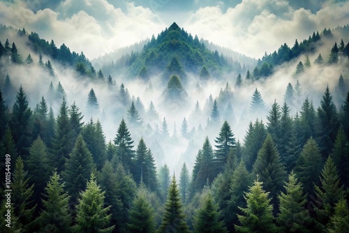 Mountain landscape with coniferous forest and fog