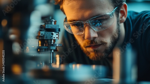 Focused engineer working on precision machinery with safety glasses in a modern workshop environment.