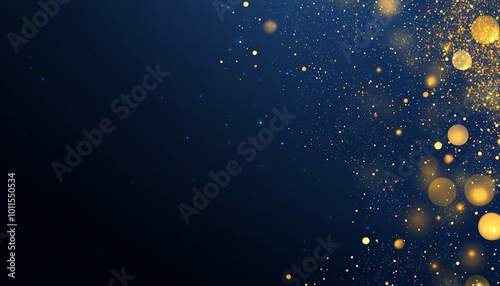 Glowing particles floating in a dark blue background with golden bokeh lights, cosmic dust theme, abstract magic