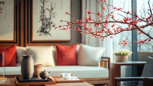 Contemporary Home with Traditional Feng Shui Plum Blossoms, symbolizing resilience and renewal in modern living spaces