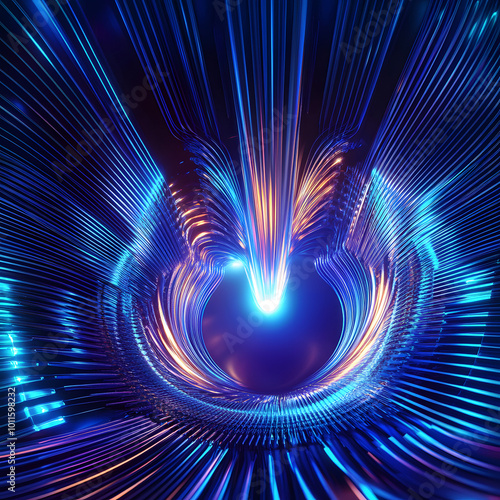 3D abstract background: model of blue thermonuclear fusion. High energy elementary particles flow through a tokamak. Magnetic field, nuclear fusion, future science concept.