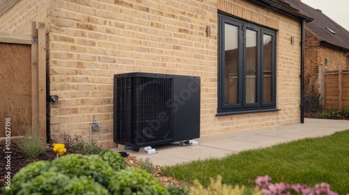 Exterior of modern house with an air source heat pump installed outside