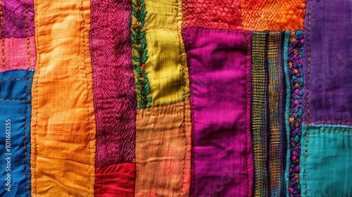 A close-up of South Asian textile art with bold colors, no people, and space for text.