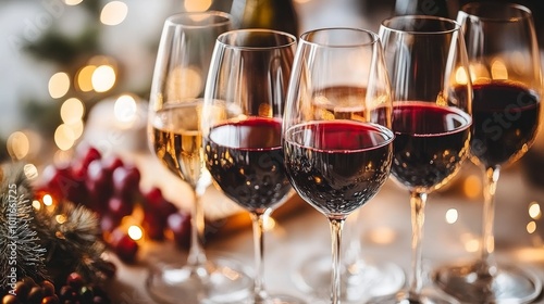 Cinco copas de vino tinto y blanco, dispuestas elegantemente sobre una mesa decorada con luces suaves y festivas. El ambiente cálido y acogedor evoca una celebración o una reunión especial.