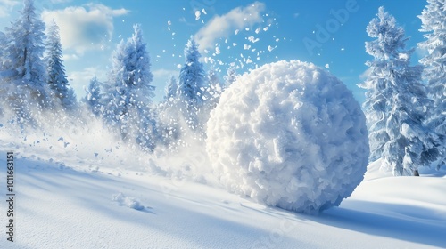 A large snowball is rolling down the mountain as an avalanche unfolds. This snowball has formed amidst the accumulation of snow and is now tumbling down the slope.