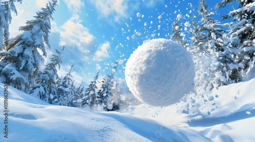 A snowball has grown large due to the force with which it rolls, tumbling down a forested mountain during the snowy season, lifting small amounts of snow along its path.