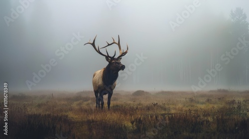 A solitary elk stands proudly in a mist-covered meadow, the early morning light creating a serene and tranquil setting that emphasizes the majesty of the animal.