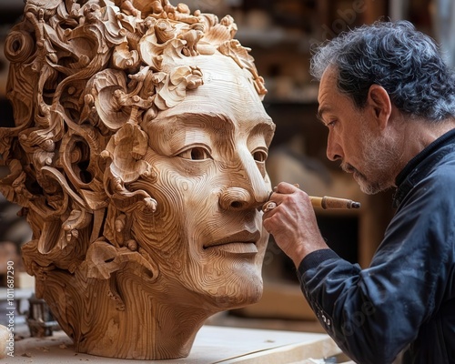 An artisan meticulously carving a detailed wooden face sculpture in a workshop, the scene capturing the craftsmanship and dedication to artistic precision