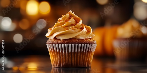 A cupcake with a frosting that has a brown color. The frosting is spread on the cupcake and it is sitting on a table