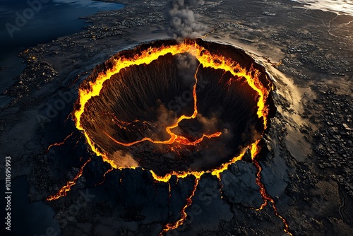 3D digital model of a volcanic crater within the Great Rift Valley, with realistic terrain and animated lava flows showcasing the regionâ€™s powerful geological activity