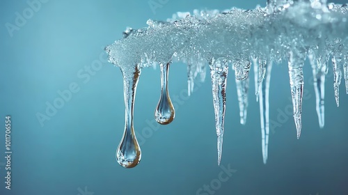 A water drop falling in slow motion from the tip of an icicle, symbolizing the transition from cold to warmth, water drop from icicle, subtle water transformation