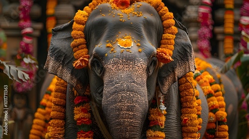 Majestic elephant bedecked in ornate trappings with trunk raised in blessing at an elaborate Hindu temple,with devotees offering treats amidst the lush.