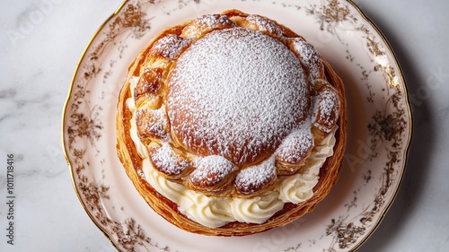 Gâteau Saint-Honoré: A delectable pastry masterpiece. Flaky puff pastry, creamy Chantilly cream, and a dusting of powdered sugar create a symphony of textures and flavors. 