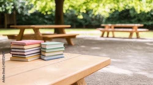 A serene outdoor setting featuring a table with stacks of colorful books under a lush green tree, perfect for reading and relaxation.