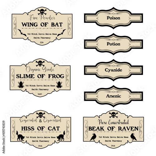 Labels for halloween gift decorating, stickers for sketchbooks and more. Gloomy poison stickers. Vector labels