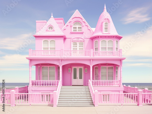 A beautiful pink dollhouse building. The cottage of a princess girl. The doll mansion. A woman's house in an American classic architecture style. Ocean and sky in the background