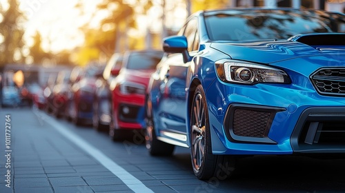 Blue sports car is parked in front of a row of cars on a city street at sunset