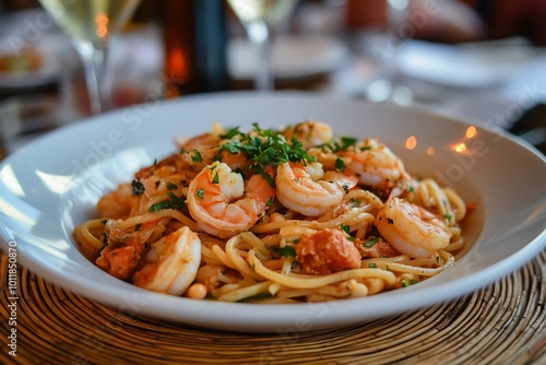 Shrimp linguine pasta with fresh herbs and garlic sauce