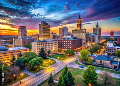 Beautiful Youngstown Ohio Skyline at Dusk with Illuminated Buildings and Clear Blue Sky Background