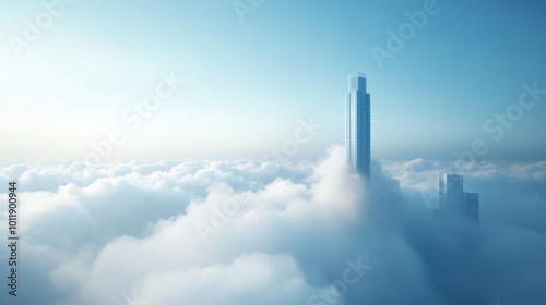 Hyper-realistic Metallic Skyscraper Above Clouds