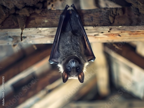 Bat Hanging Upside Down in Attic with Guano Pile Pest Infestation Concept