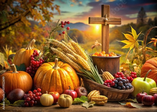 Christian Thanksgiving Clipart Featuring Symbols of Gratitude, Harvest, and Faith for Celebrations