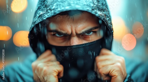 A hooded figure with intense eyes partially obscured by a mask stands under the rain amidst city lights. Mysterious and dramatic, the image captures a sense of intrigue.