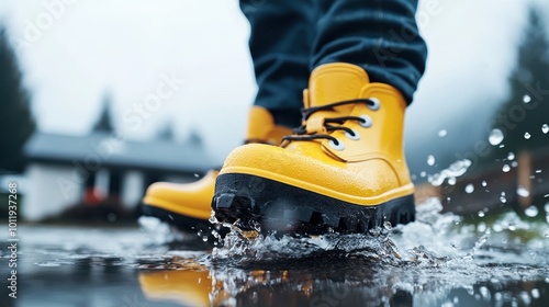 A pair of yellow boots create a dynamic splash effect in a rain puddle, symbolizing youthful exuberance and spontaneous fun in wet weather conditions.