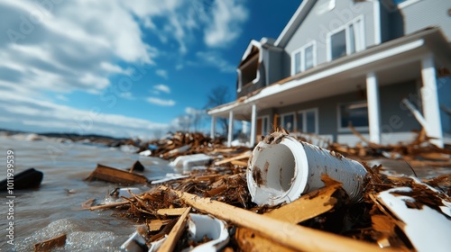 A house stands isolated as flood water and floating debris engulf the surrounding area, a stark indication of natural disaster impacts and resilience challenges.