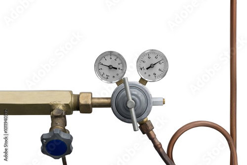 gas pressure indicators in pipes, central oxygen distribution system for supplying oxygen to operating rooms in hospital. separation and distribution system of pipes with pressure indicators in system