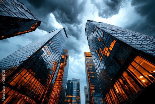 A modern city skyline under an apocalyptic sky, with people moving robotically through their daily lives, depicting the sense of purposelessness and monotony associated with nihilism