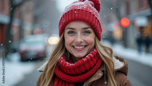 Beautiful happy young woman in red knitted hat and scarf against winter city background. Banner.