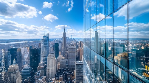 A stunning cityscape view with skyscrapers reflecting in the glass walls of a modern building under a bright, blue sky