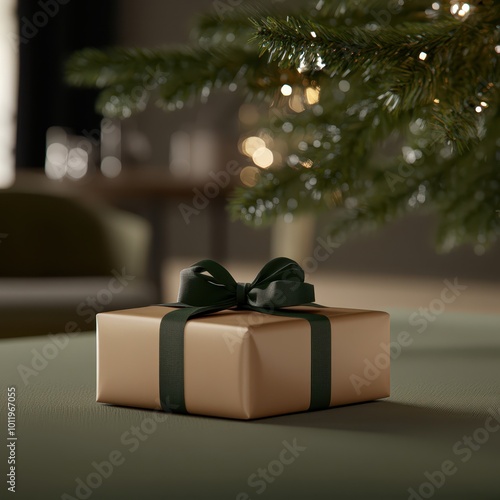 a gift box sitting on a table in front of a christmas tree