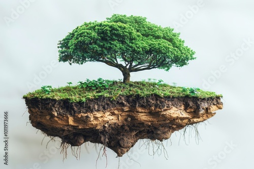 A lush green floating tree with roots extending downward against a white background