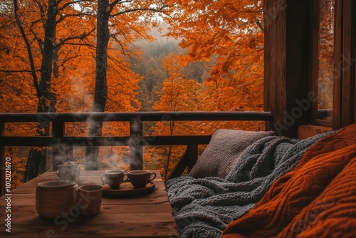 Cozy cabin porch with autumn decorations and warm sunlight