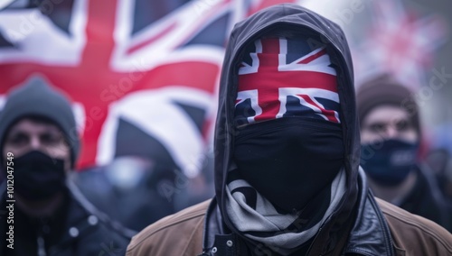 The end of british free speech Censorship, online social media, punishment, British flag and protestors taking to the streets. marching and unrest, Islamophobia, cultural differences