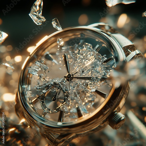 Broken luxury watch surrounded by shattered glass, isolated background