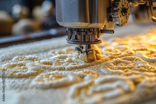 Close-up of a sewing machine needle embroidering a white fabric with a yellow thread, creating a detailed floral pattern.