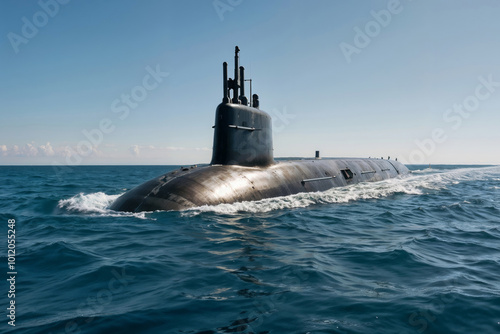 Military modern black submarine sails on a combat mission in the open ocean on a sunny summer day