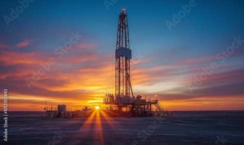 Oil drilling derrick, desert oilfield on sunrise. Crude oil production. Dramatic lighting. Petroleum production. Commodities price drop off. Generative AI