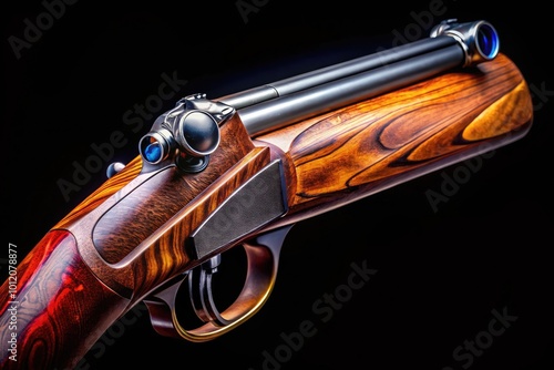 Detailed close-up of a sawed off shotgun showcasing barrel, trigger, and stock on a dark background