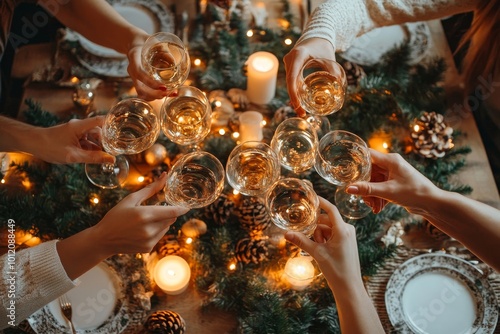 Top view background of people raising glasses over festive dinner table while celebrating Christmas with friends and family, copy space, Generative AI