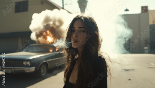 Woman Smoking in Front of Burning Cars in a chaotic urban environment.