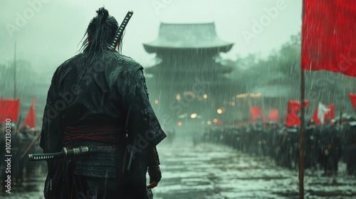 Samurai in the Rainy Courtyard of an Ancient Japanese Temple